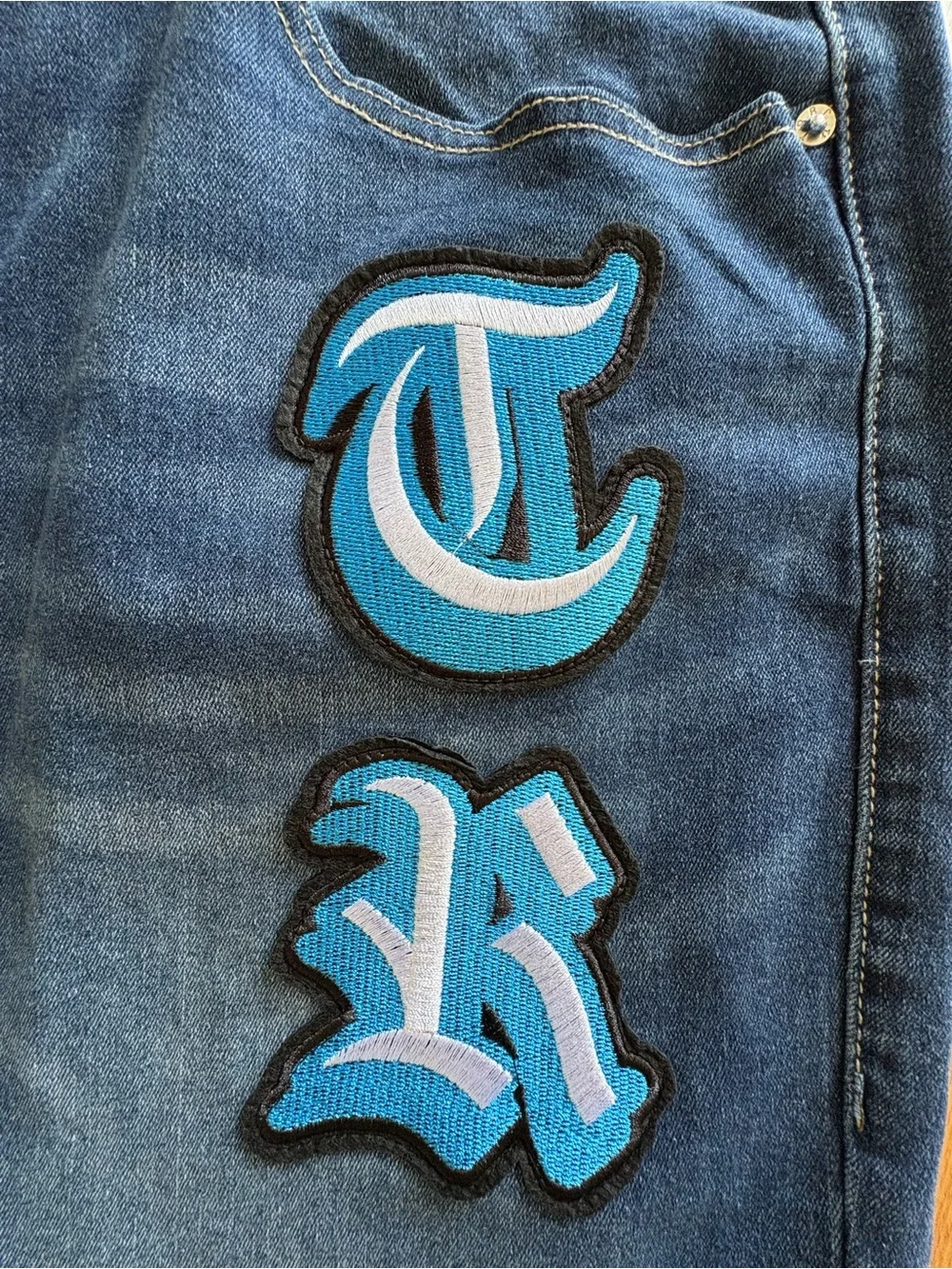 True Religion Bobby Baggy Mens Jeans W34 L32 Applique Blue Distressed Denim